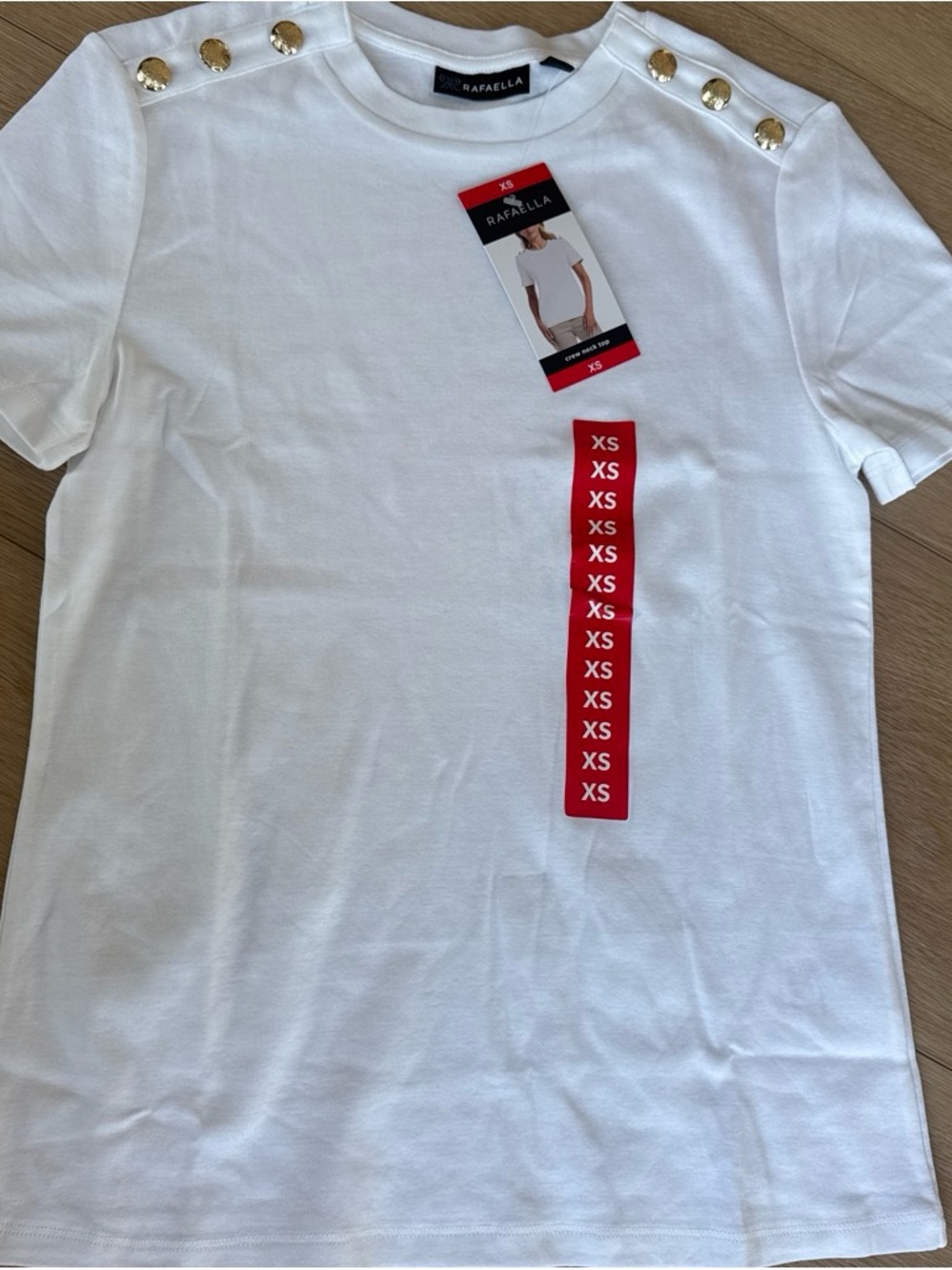 Rafaella White Short-Sleeve Tee with Gold Shoulder Buttons
